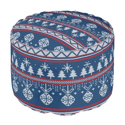 Blue Christmas Knitted Pine Tree and Ornaments Pouf