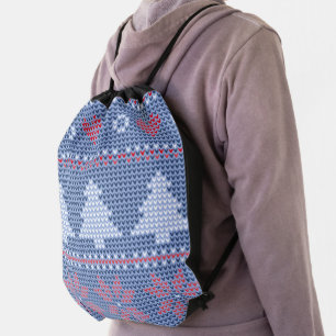 Blue Christmas knitting pattern Drawstring Bag