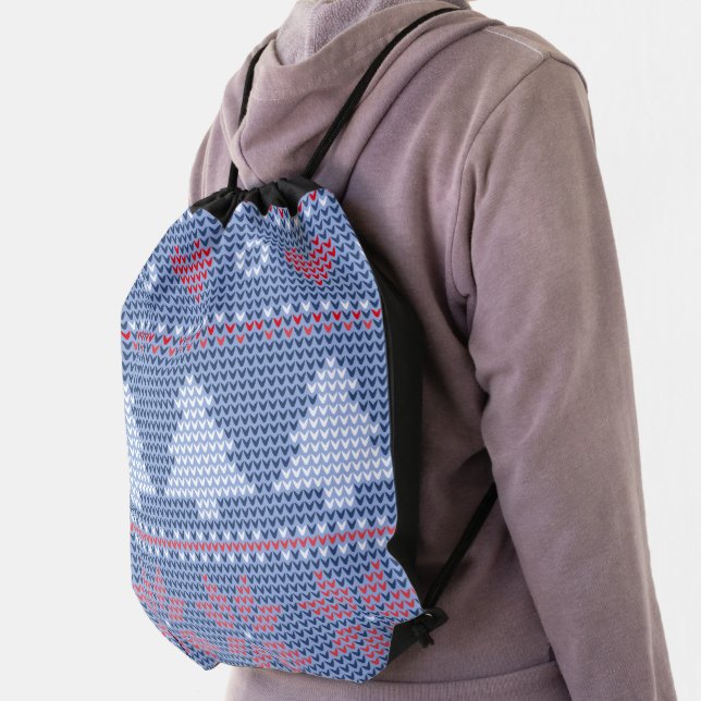 Blue Christmas knitting pattern Drawstring Bag (Insitu)