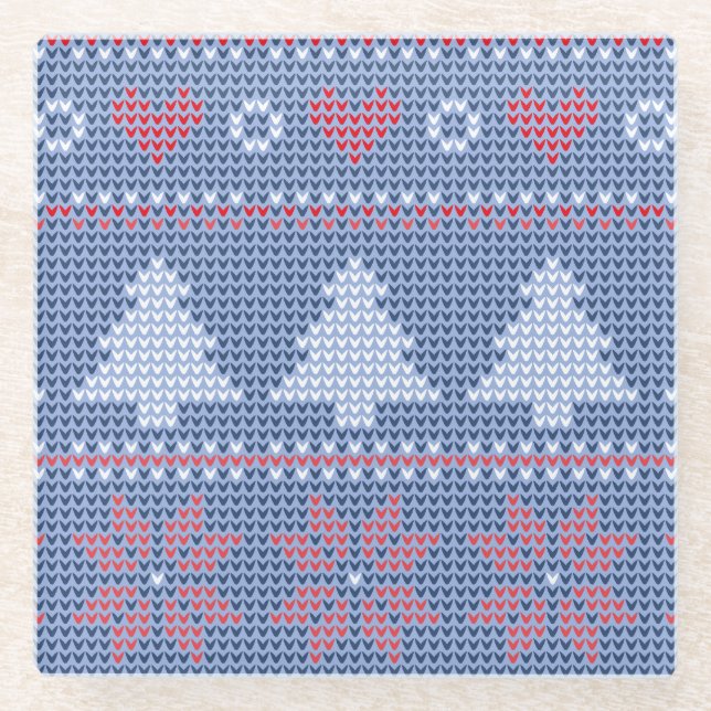 Blue Christmas knitting pattern Glass Coaster (Front)