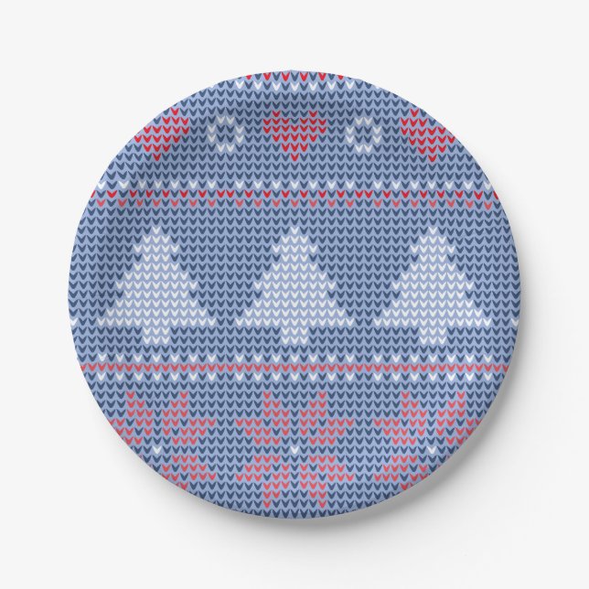 Blue Christmas knitting pattern Paper Plates (Front)