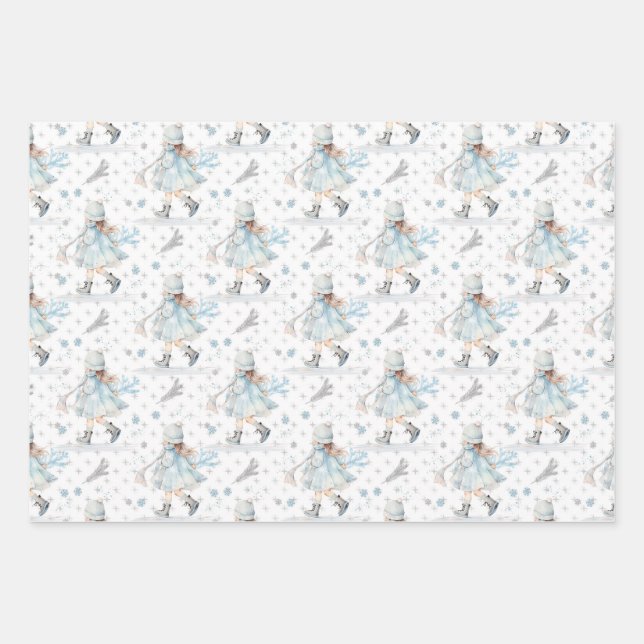Blue Christmas Little Girl Wrapping Paper Sheets (Front)