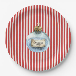 Blue Christmas Magic Ornament Red Stripes Paper Plates
