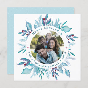 Blue Christmas Merry Watercolor Mistletoe Photo Holiday Card