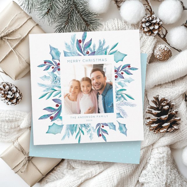 Blue Christmas | Merry Watercolor Mistletoe Photo Holiday Card (Creator Uploaded)