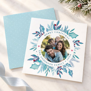 Blue Christmas Merry Watercolor Mistletoe Photo Holiday Card