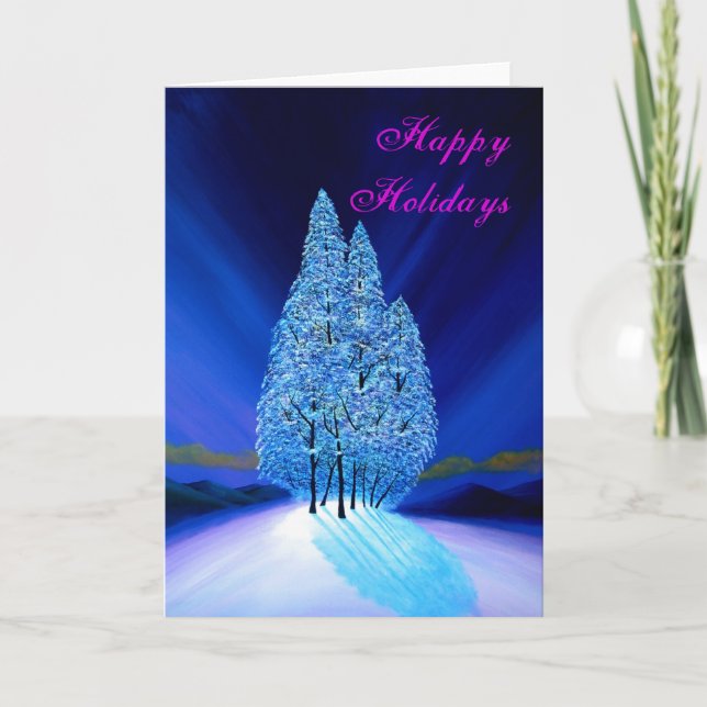 Blue Christmas Northern Lights Fir Trees Holiday Card (Front)