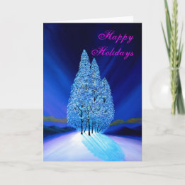 Blue Christmas Northern Lights Fir Trees Holiday Card