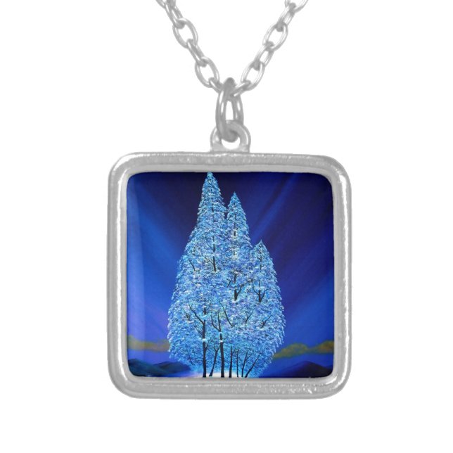 Blue Christmas Northern Lights Spruce Silver Plated Necklace (Front)
