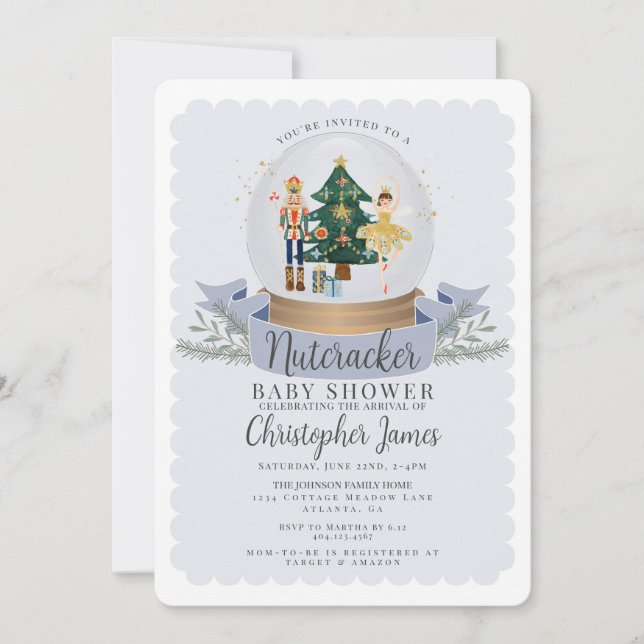 Blue Christmas Nutcracker boy baby shower invite (Front)
