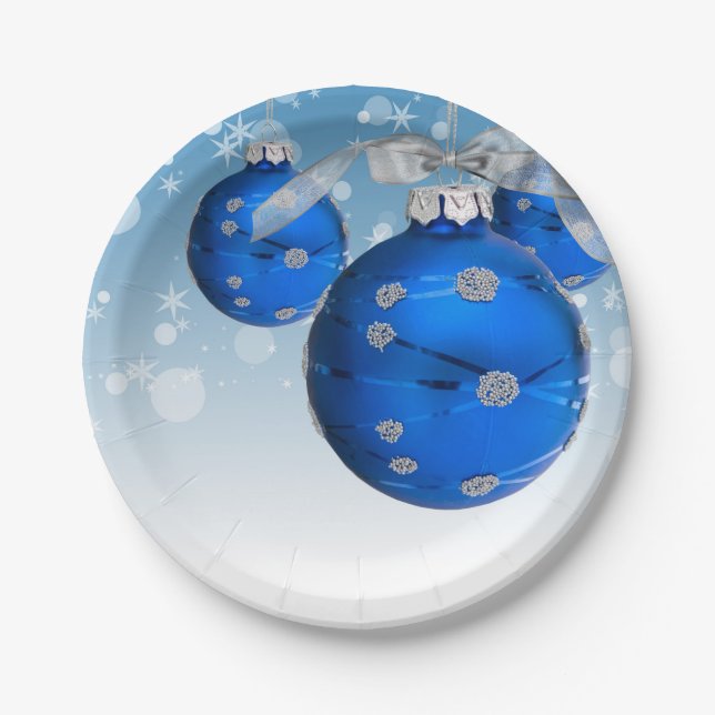 blue Christmas ornament and snowflakes Paper Plates (Front)