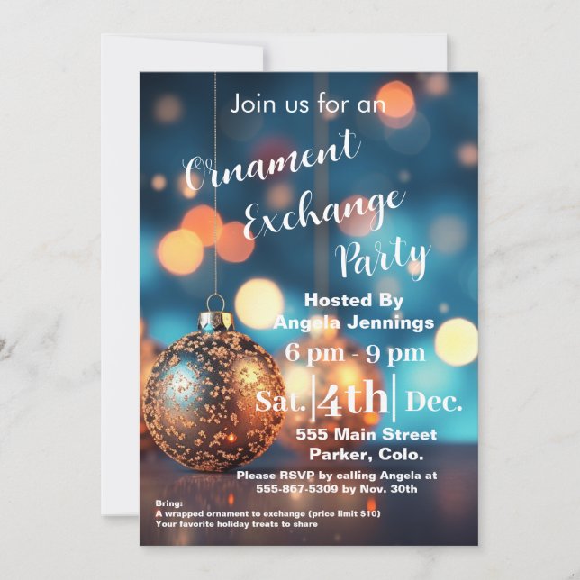 Blue Christmas Ornament Party Invitation Cards (Front)