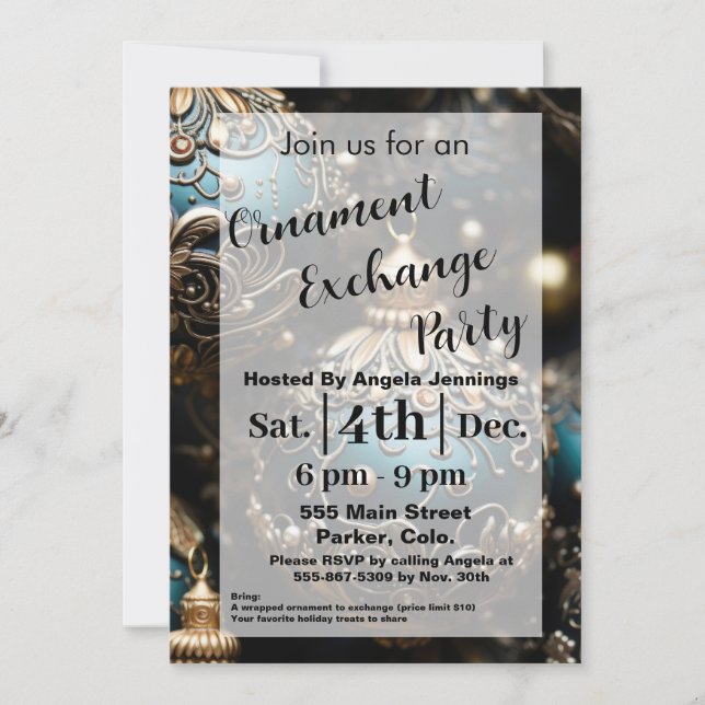 Blue Christmas Ornament Party Invitation Cards (Front)