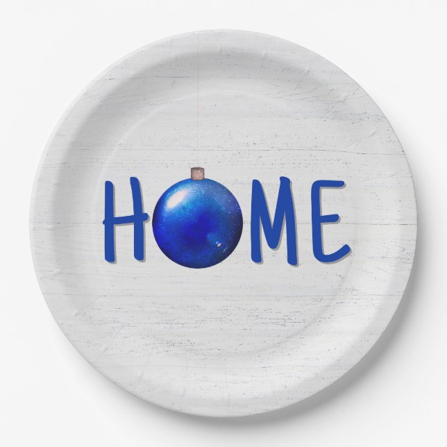 Blue Christmas Ornament With Home Text Paper Plates (Front)