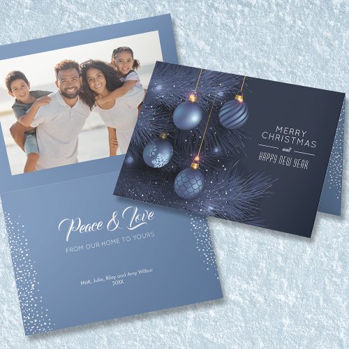 Blue Christmas Ornaments 1 Photo Folded Holiday Card