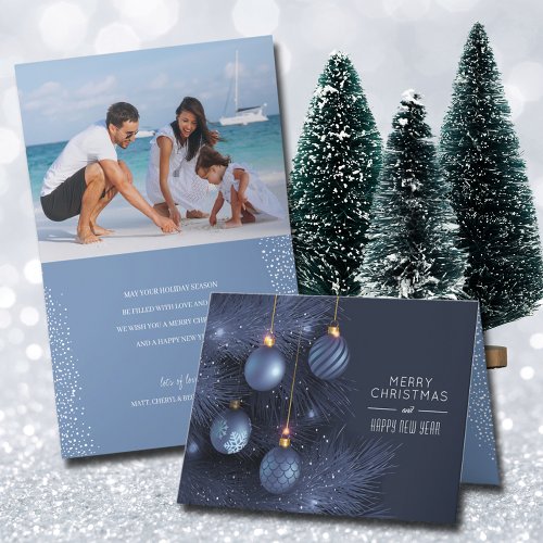 Blue Christmas Ornaments Folded Photo Holiday Card