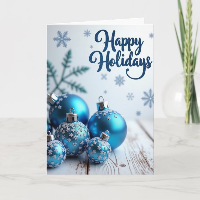 Blue Christmas Ornaments Happy Holidays Card (Front)