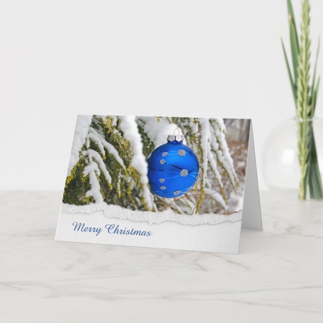 Blue Christmas ornaments in snow Holiday Card (Front)