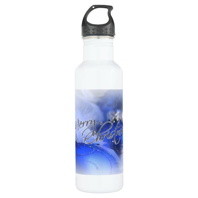 Blue Christmas Ornaments Merry Christmas Water Bottle (Front)