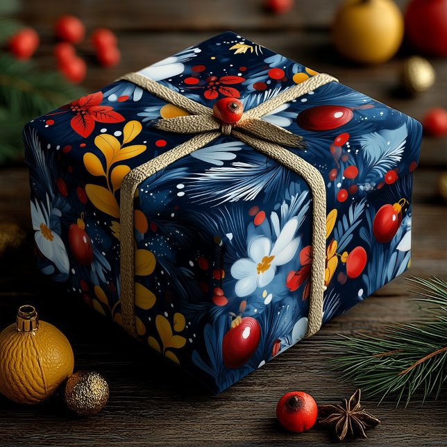 Blue Christmas Ornaments with White Florals Patter Wrapping Paper (Creator Uploaded)