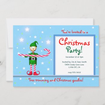 Blue Christmas Party Candy Cane Elf Invitation by xfinity7 at Zazzle