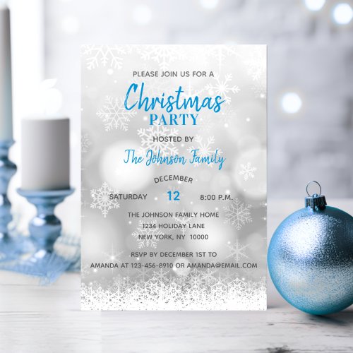 Blue CHRISTMAS PARTY Silver Snowflake Snow Invitation