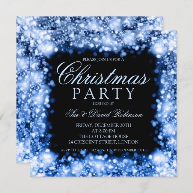 Blue Christmas Party Sparkling Lights Invitation (Front/Back)