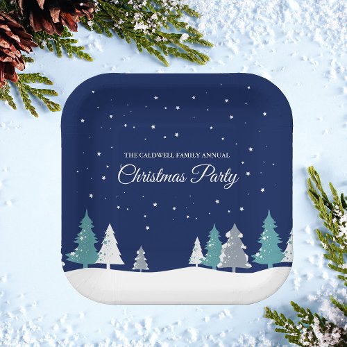 Blue Christmas Party Winter Trees Custom Dessert Paper Plates