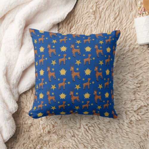 Blue Christmas pattern with reindeer and stars Throw Pillow