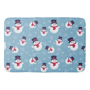 Blue Christmas Pattern With Snowmen And Snowflakes Bathroom Mat