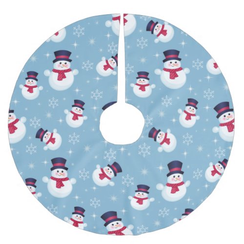 Blue Christmas Pattern With Snowmen And Snowflakes Brushed Polyester Tree Skirt