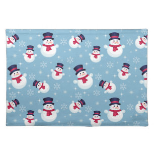 Blue Christmas Pattern With Snowmen And Snowflakes Cloth Placemat