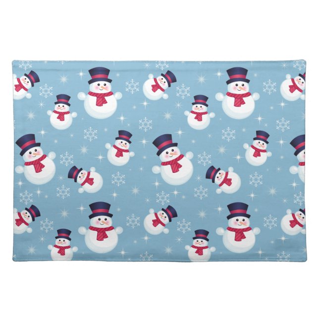 Blue Christmas Pattern With Snowmen And Snowflakes Cloth Placemat (Front)
