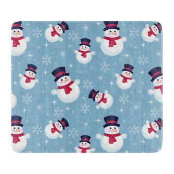 Blue Christmas Pattern With Snowmen And Snowflakes Cutting Board by VintageDesignsShop at Zazzle