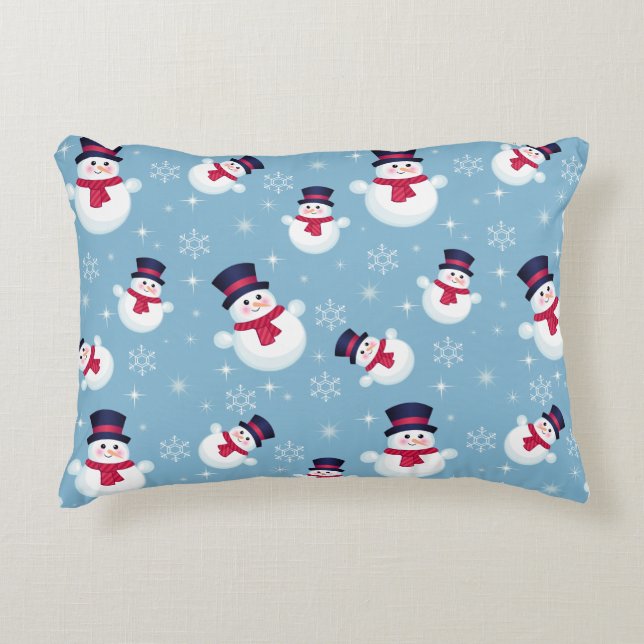Blue Christmas Pattern With Snowmen And Snowflakes Decorative Pillow (Front)