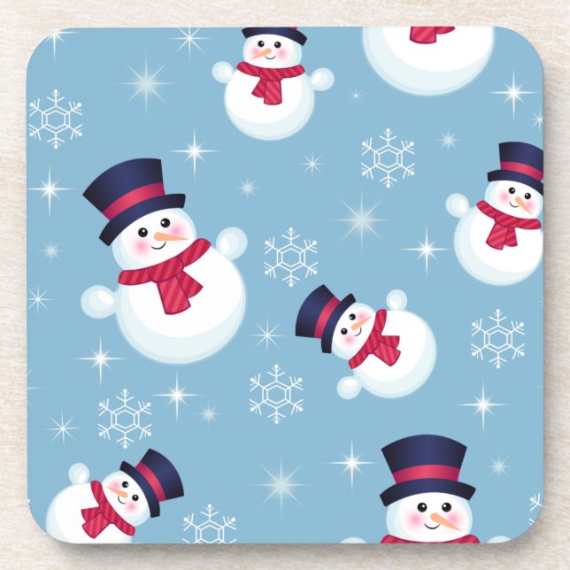 Blue Christmas Pattern With Snowmen And Snowflakes Drink Coaster (Front)