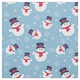 Blue Christmas Pattern With Snowmen And Snowflakes Fabric