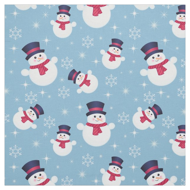 Blue Christmas Pattern With Snowmen And Snowflakes Fabric (Swatch)
