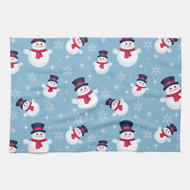 Blue Christmas Pattern With Snowmen And Snowflakes Kitchen Towel (Horizontal)