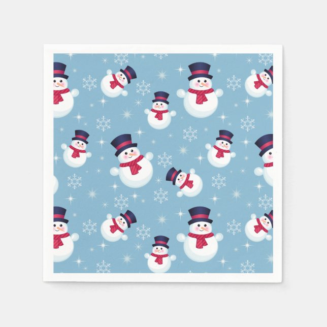 Blue Christmas Pattern With Snowmen And Snowflakes Paper Napkins (Front)