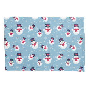 Blue Christmas Pattern With Snowmen And Snowflakes Pillow Case