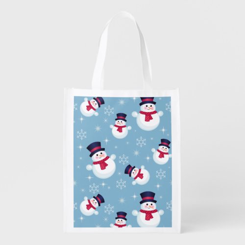 Blue Christmas Pattern With Snowmen And Snowflakes Reusable Grocery Bag