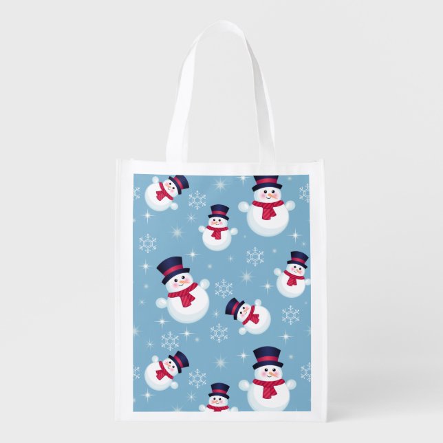 Blue Christmas Pattern With Snowmen And Snowflakes Reusable Grocery Bag (Front)