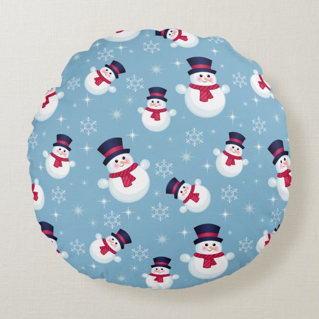 Blue Christmas Pattern With Snowmen And Snowflakes Round Pillow (Front)