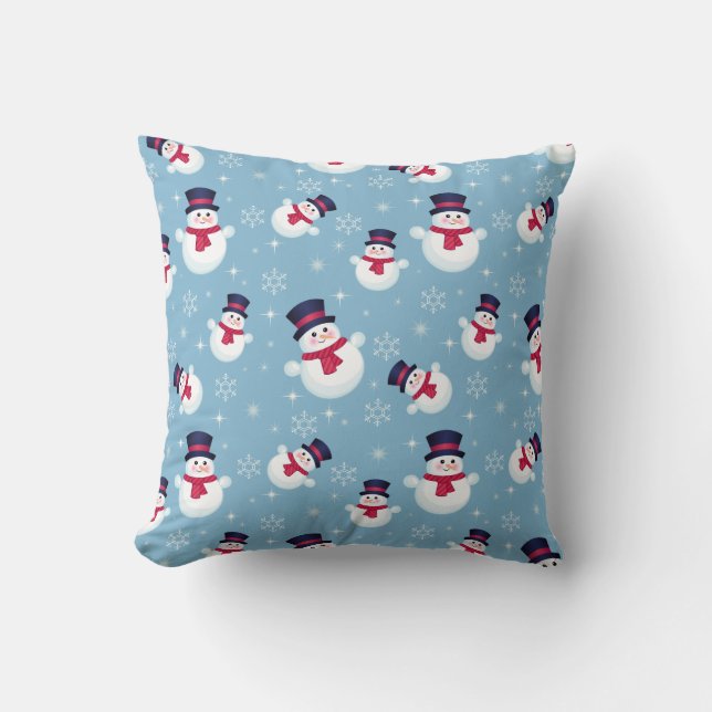 Blue Christmas Pattern With Snowmen And Snowflakes Throw Pillow (Front)