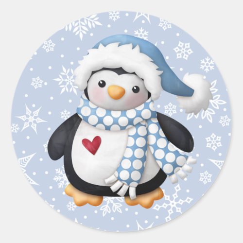 Blue Christmas Penguin Round Sticker