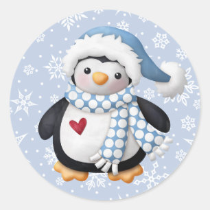 Blue Christmas Penguin Round Sticker