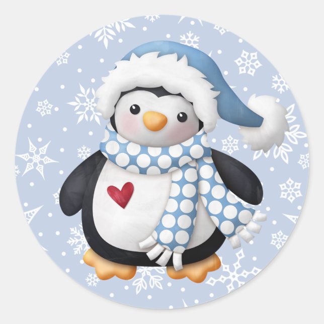 Blue Christmas Penguin Round Sticker (Front)