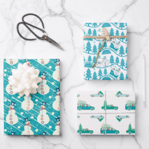 Blue Christmas Penguin, Snowman, Reindeer Set of Wrapping Paper Sheets