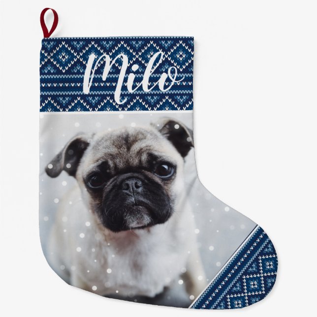 Blue Christmas Personalized Pet Picture Stocking (Front)